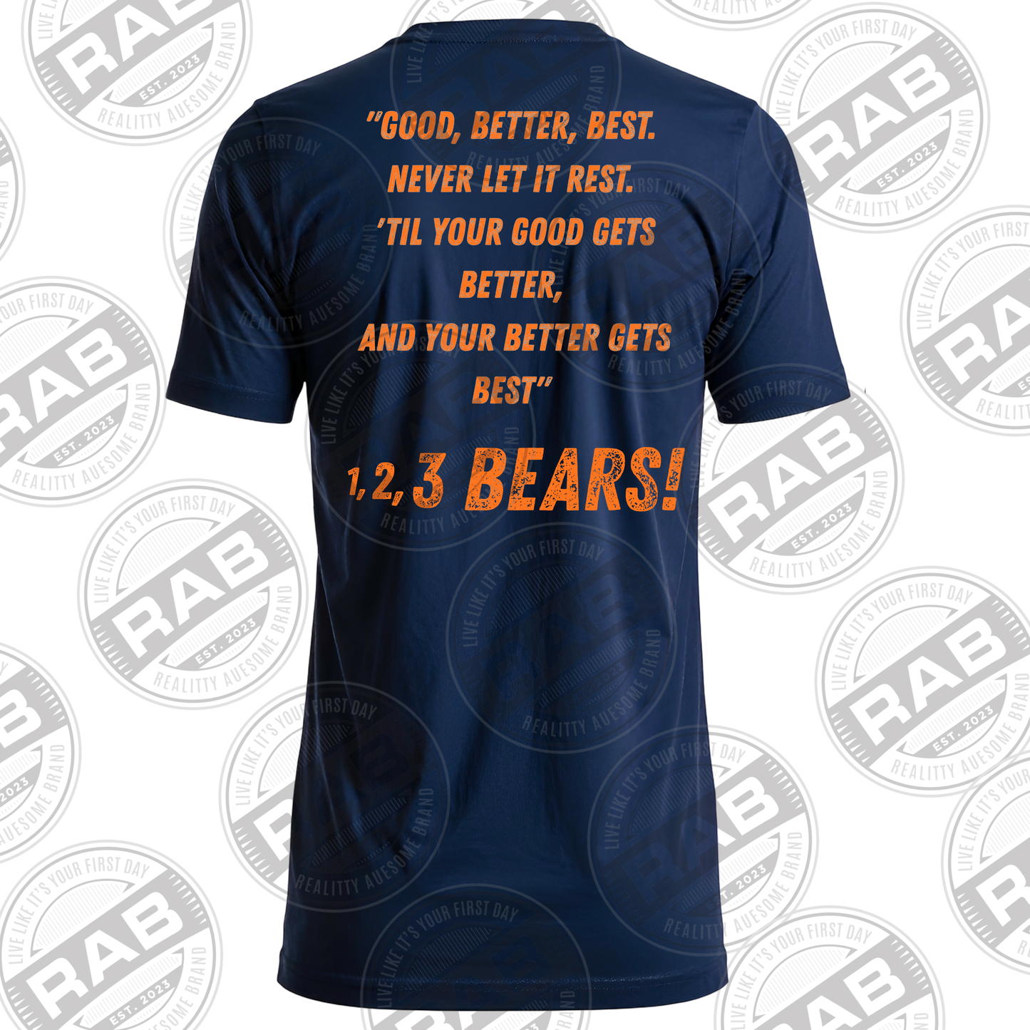 Navy blue t-shirt with orange text on a white background with RAB logo.