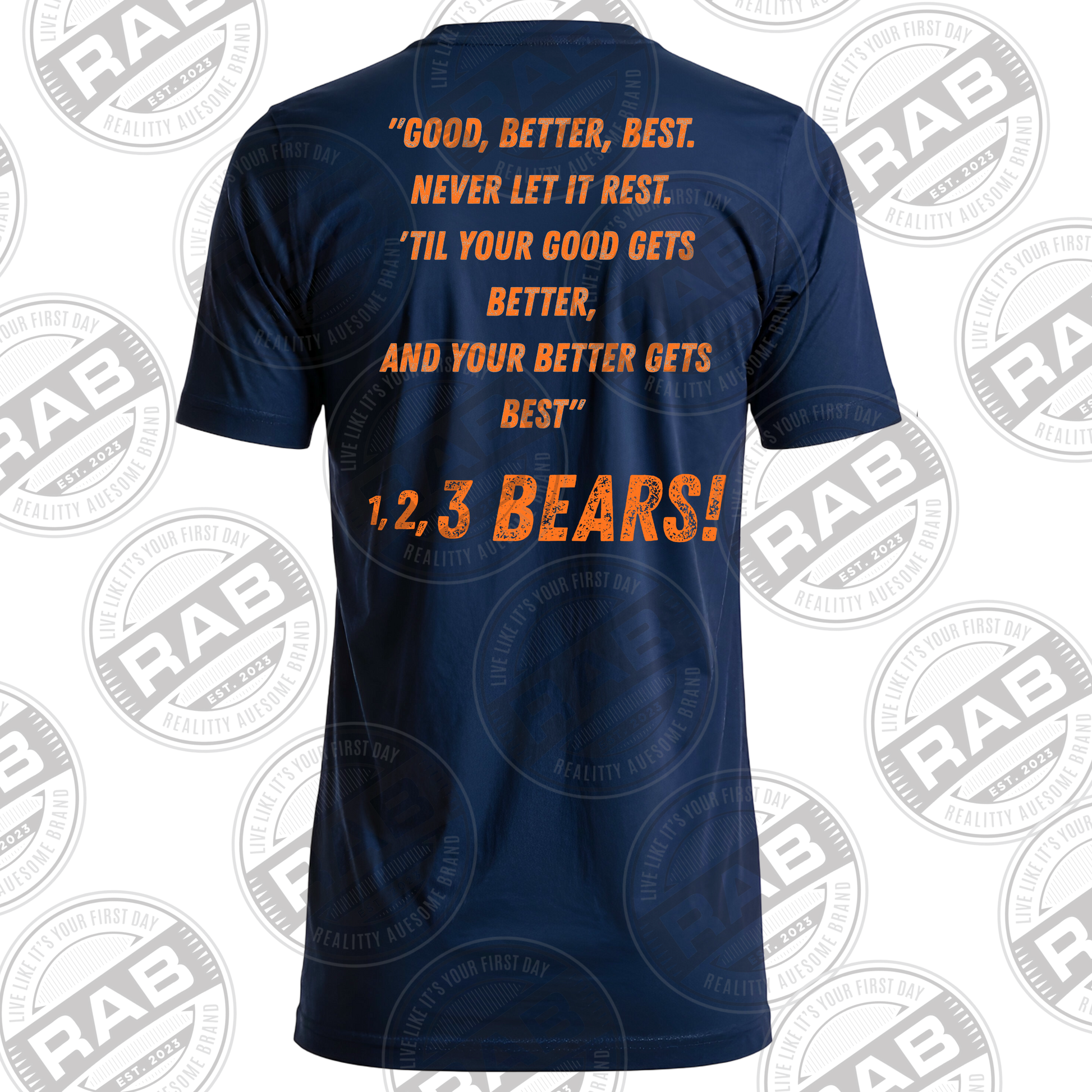 Navy blue t-shirt with orange text on a white background with RAB logo.